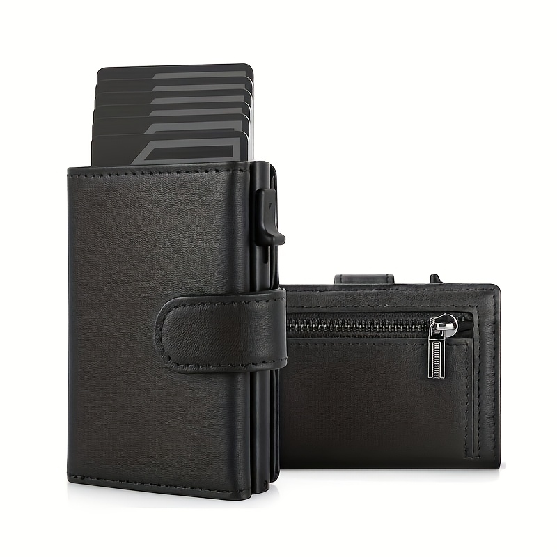 Image of Men's Business Wallet With Side-release Automatic Pop-up Card Slot, Rfid Blocking, Snap Button, Multiple Card Slots, And Zippered Coin Pocket