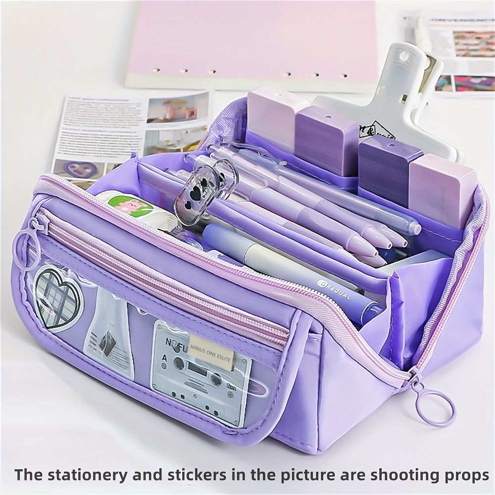 TEMU Large Capacity Pencil Case With Zipper - Purple, Durable Fabric, Multiple Compartments For Pens, Pencils, And Stationery - Ideal For Office,