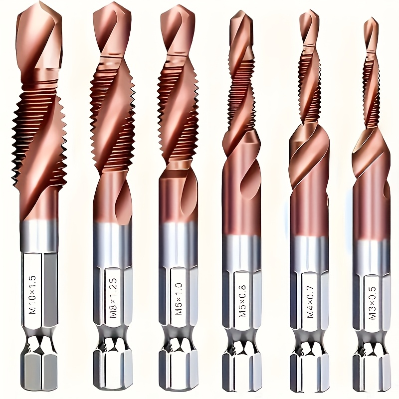 6pcs Steel Drill Bit And Tap Set With Countersunk And Deburring - Metric Sizes M3 To M10, 1/4 "hexagonal Shank