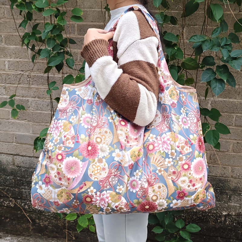 TEMU Borsa Tote Pieghevole Grande Capacit� - Sfondo Blu con Motivo a ; Borsa da Shopping da Viaggio in Nylon da Donna; Tote da Esterno Multicolore |