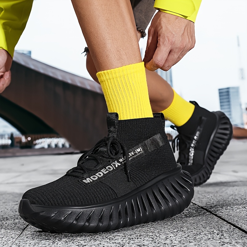 New Spring And Summer Men'S Yellow High-Top Sock-Style Running Shoes with Breathable Mesh And Thick Serrated Soles, Perfect for Casual Street Style