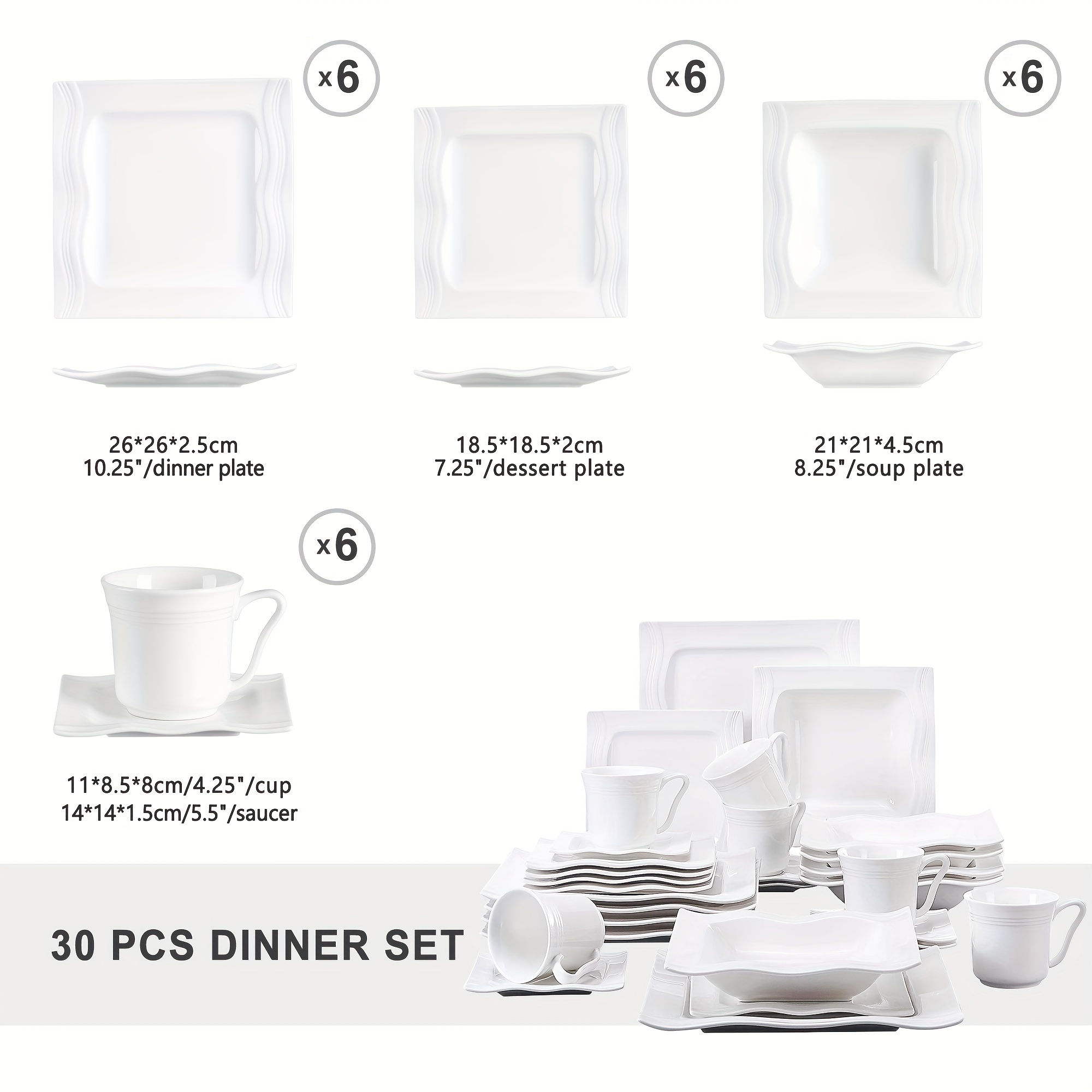 E-shop 30 Stück Weißes Porzellan Geschirr Set Tassen Untertassen Dessert Suppenteller Service für 6 Personen