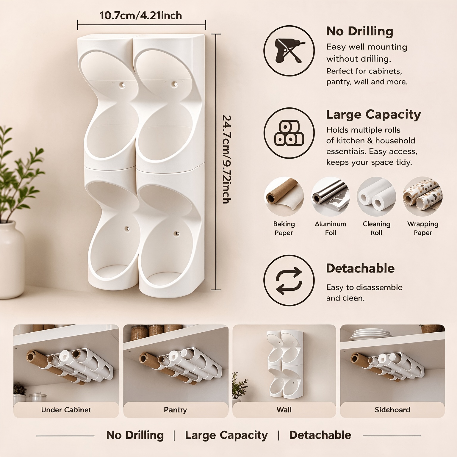 TEMU 1 soporte para rollos de cocina, almacenamiento para papel de hornear, tapetes de hornear, papel film, diseñado para instalar en estantes o