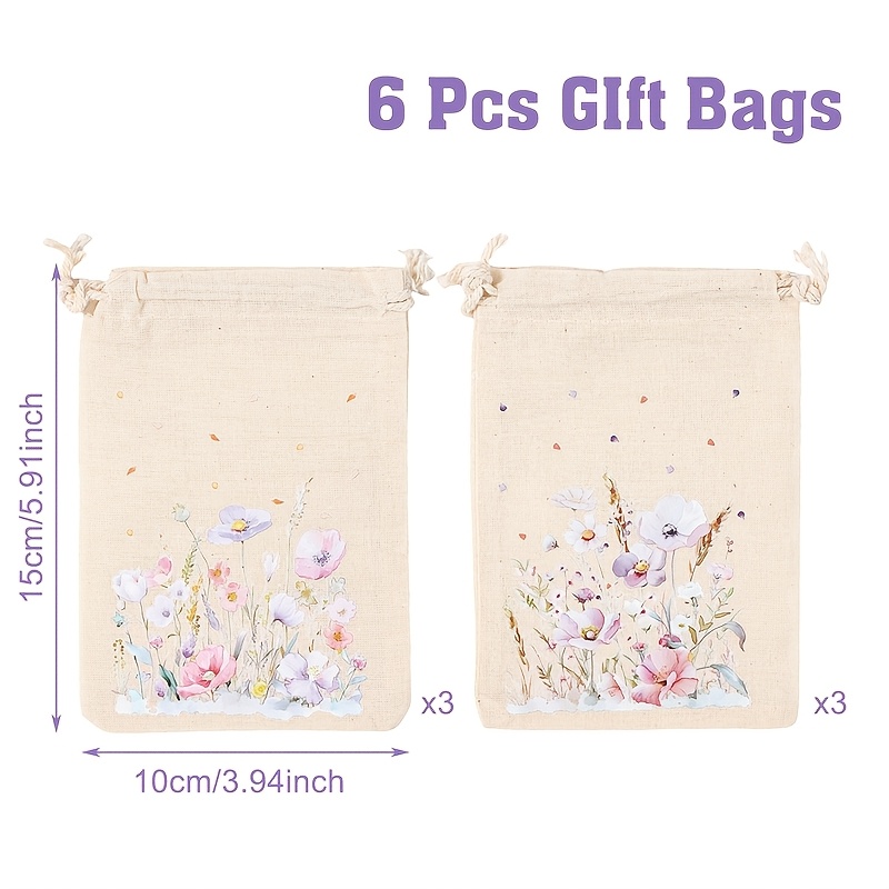 E-shop Geschenk für Sie/Ihn 6er-Pack, Wildblumen-Geschenktüte mit Kordelzug, Geschenkverpackungsbeutel mit lila Wildblumen-Design,