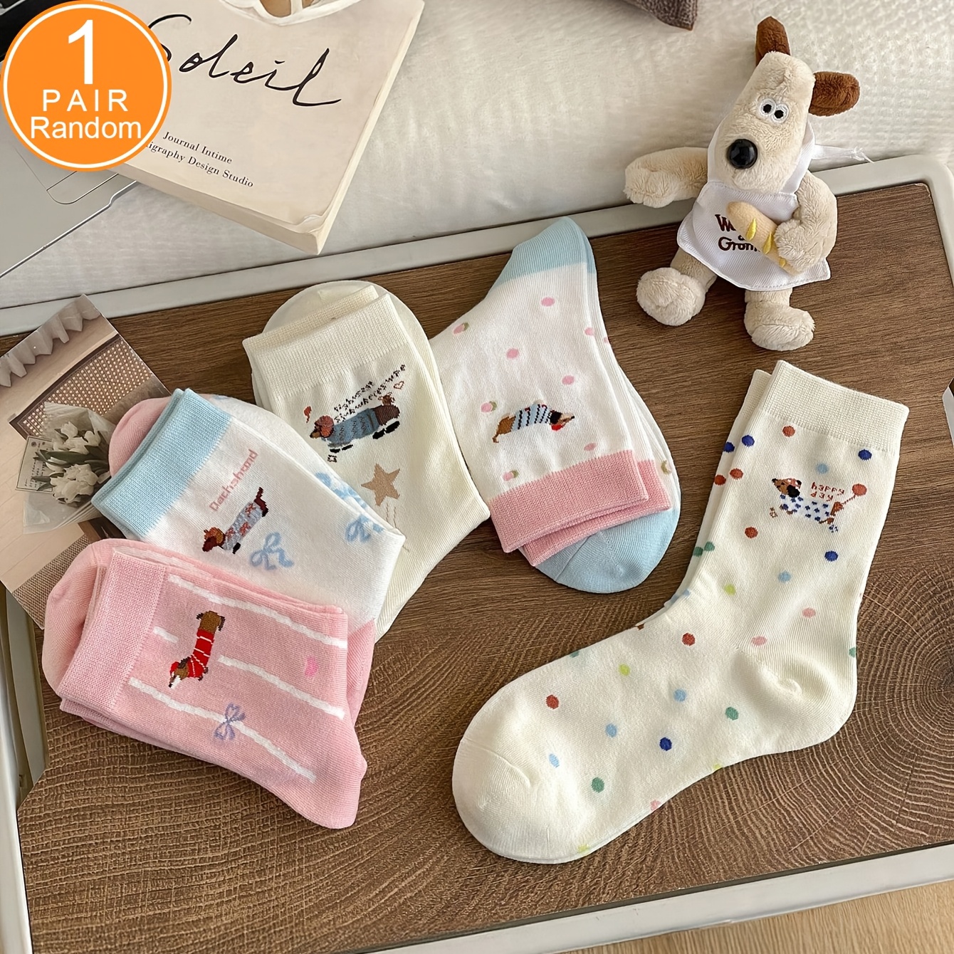 TEMU Random 1 Pair Sweet Cute Cartoon Dachshund Puppy Women's Socks, Trendy Versatile Individual Mid-calf Socks, Soft Comfortable Socks, Suitable For