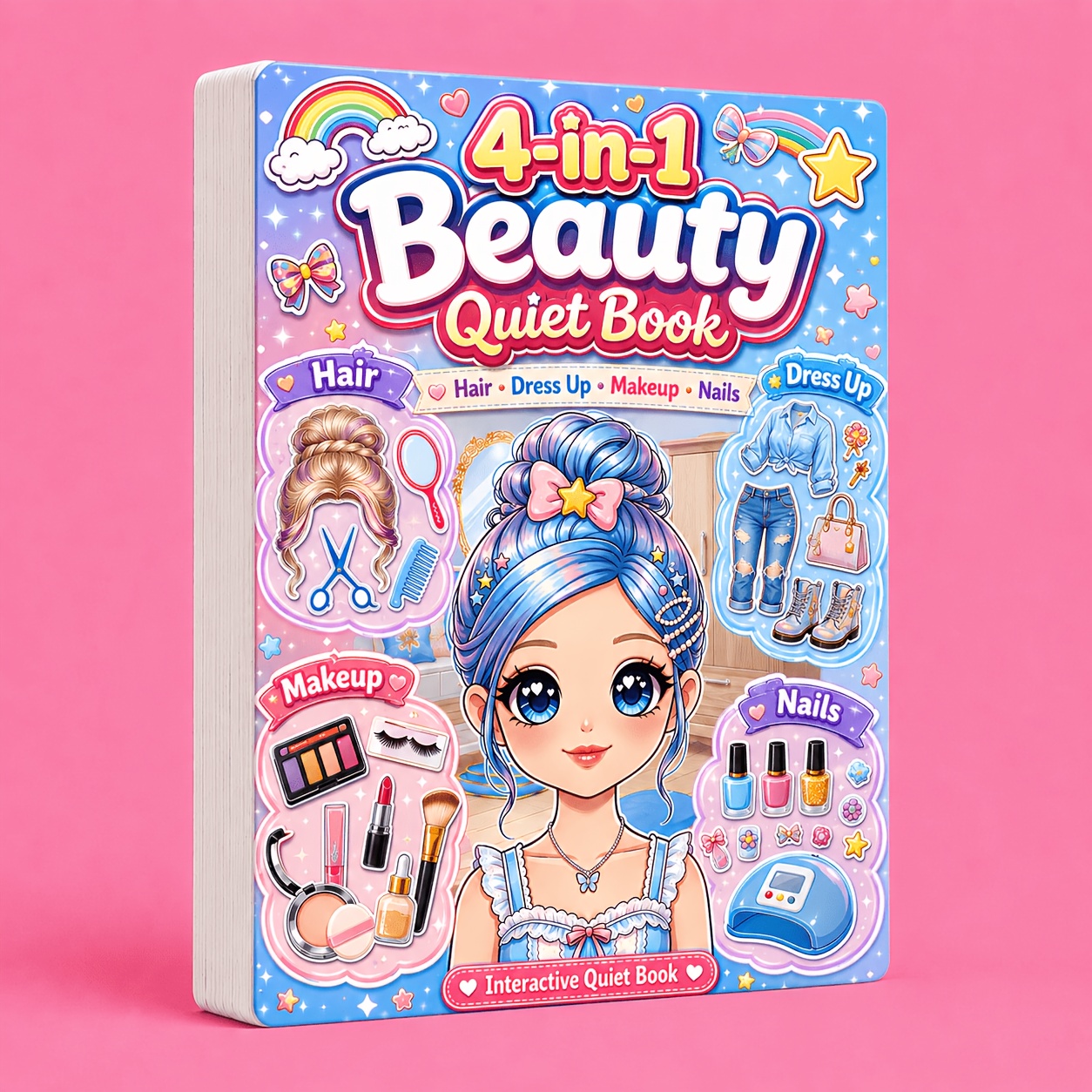TEMU 150 pcs Kids' Busy Book, 4-in-1 Hair Styling, Dress-up, Makeup & Nail Art Quiet Book With Reusable Accessories, For Back-to-school, Birthday