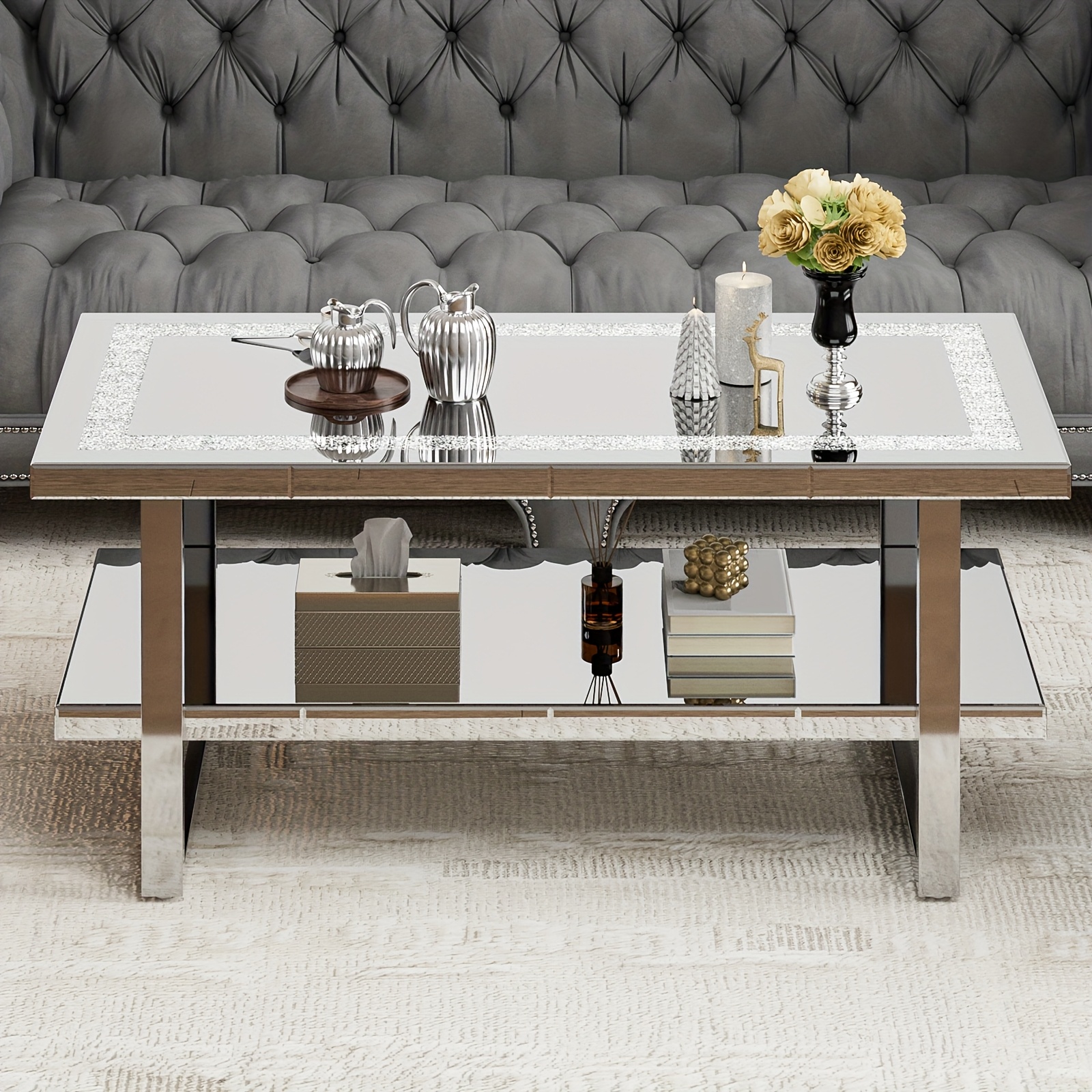 TEMU Mirrored Coffee Table With 2 Tiers, 2in 1 Rectangle Coffee Table With Crushed Diamond, Silvery Living Room Table With Stainless Steel Legs