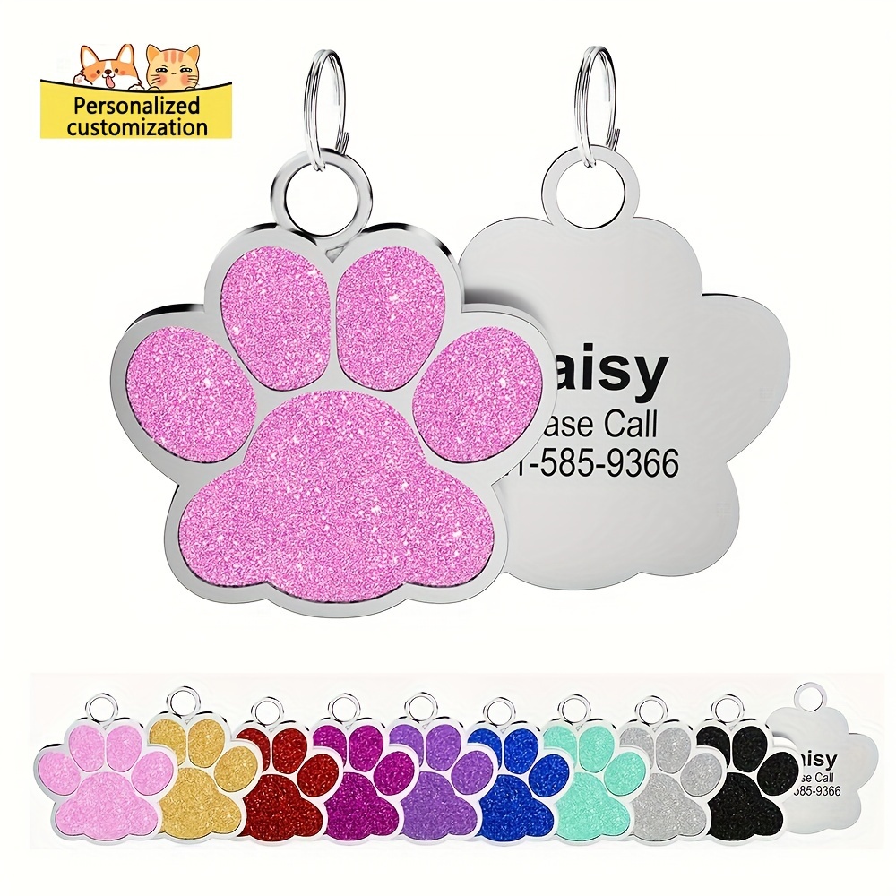 

Personalised Dog Puppy Pet Id Name Pendant, Engraved Zinc Alloy Pet Id Tag, Custom Glitter Paw Design Dog Name Pendant Sparkly Pet Tag