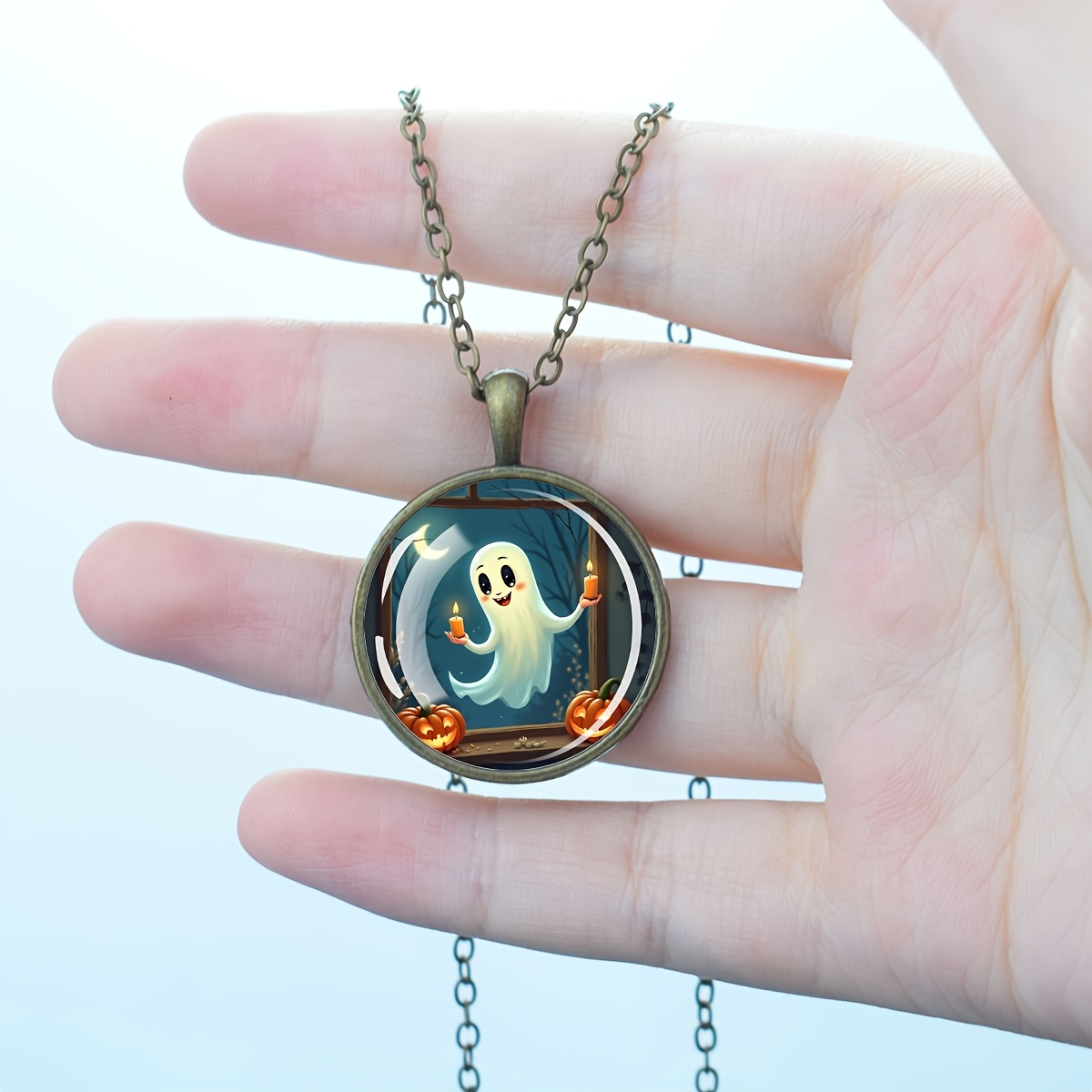 Halloween Ghost Pumpkin Window Scene Necklace, Vintage Charm