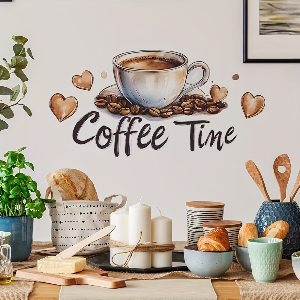 2d Flat Coffee Cup "" Sticker - Romantic With Coffee Beans & Mug, Perfect For Home Wall Decor, Polyvinyl Material, , Food-themed Decoration| Decor| Sticker, Coffee Bar Accessories