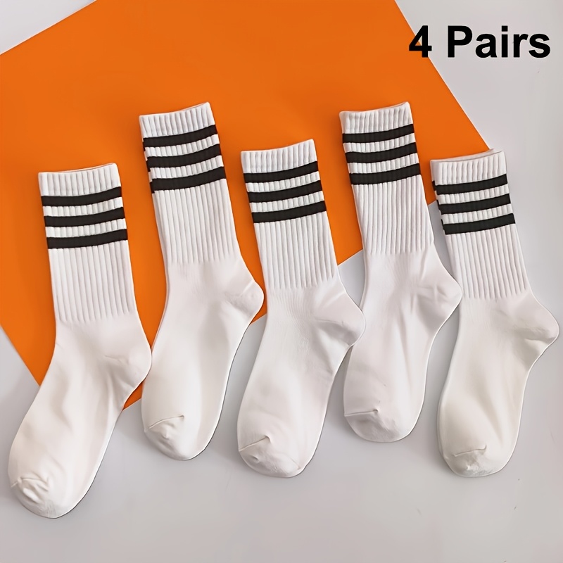 4-pair Pc Socks Men Women Same Style Comfortable Sweat-absorbing Breathable Soft Striped Solid Black White Mid-calf Socks, Sweat-resistant