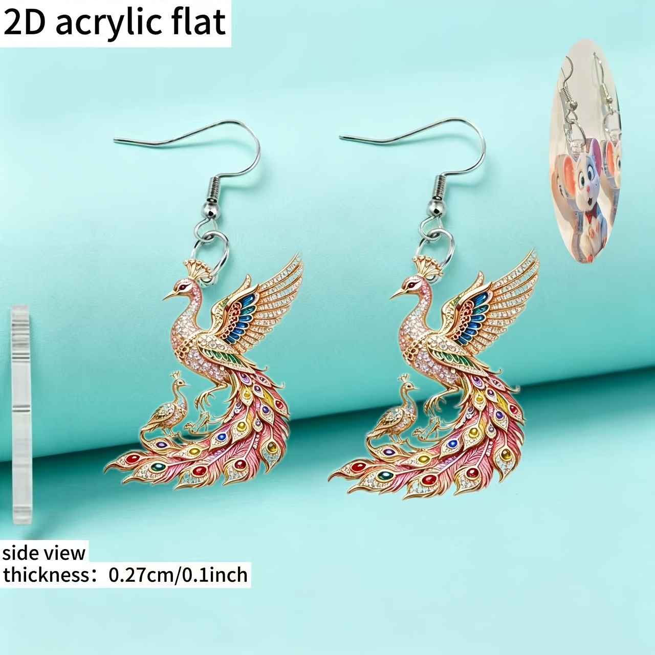 2D Flat Peacock Pattern Christmas Earrings with Charm Pendant