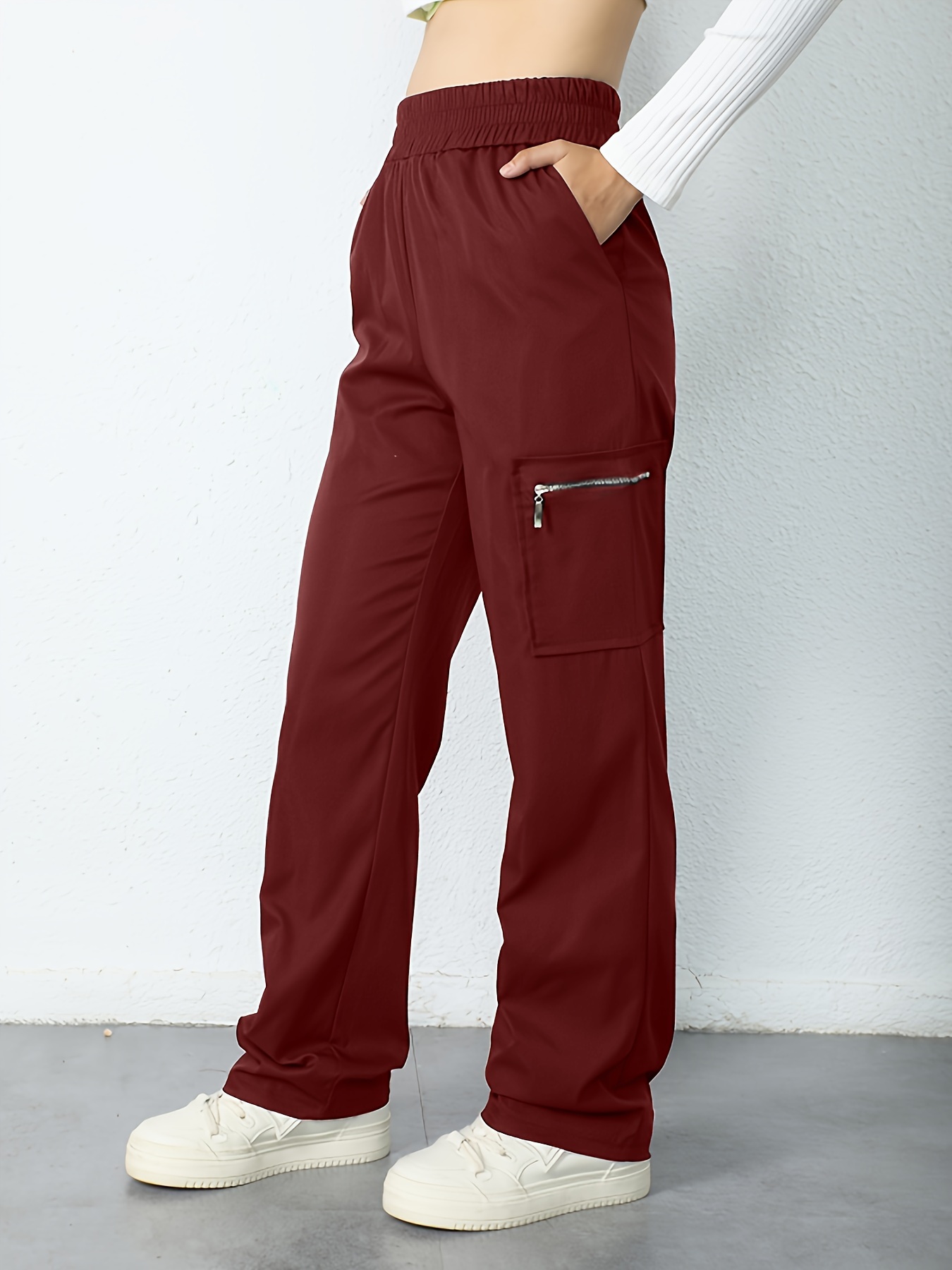 women's high waisted casual cargo pants elastic waistband