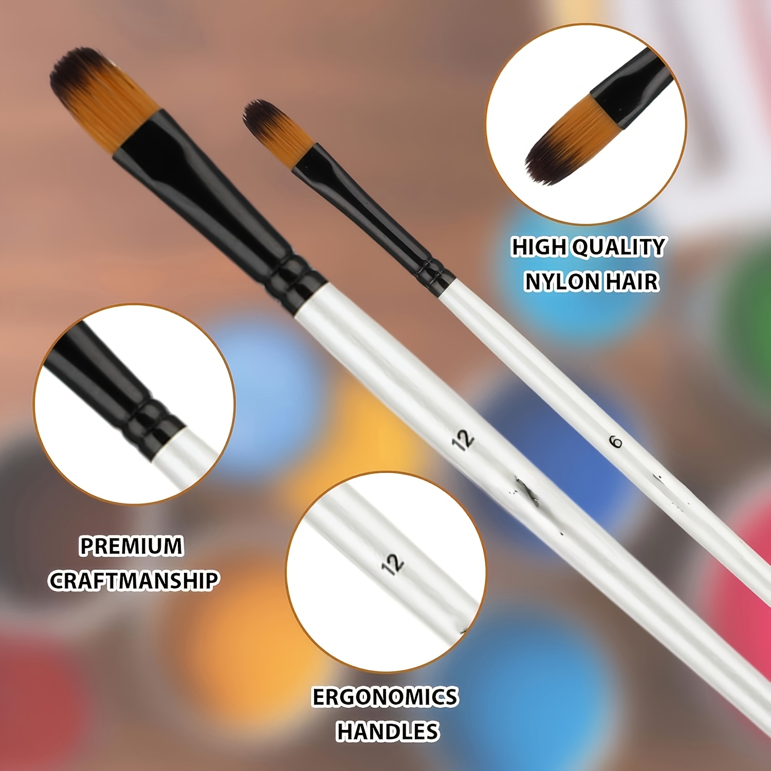 12pcs Set of Beige Bristle Professional Paint Brushes