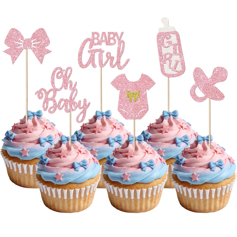 12 24pcs pink glitter baby girl cupcake toppers bow onesie pacifier bottle cake picks baby shower gender reveal party decorations supplies