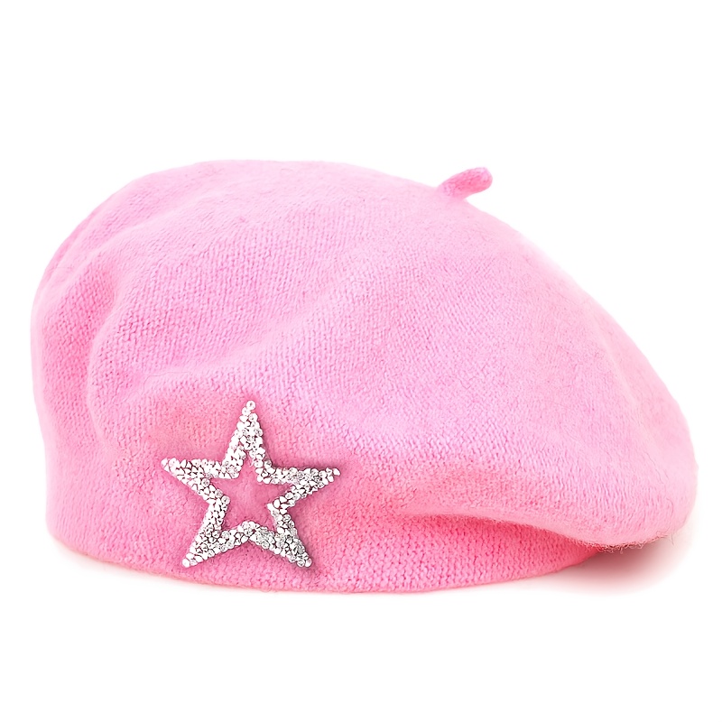 TEMU 1pc New Autumn/winter Solid Color Five-pointed Star Wool Women's Beret Beanie, Multiple Colors Available