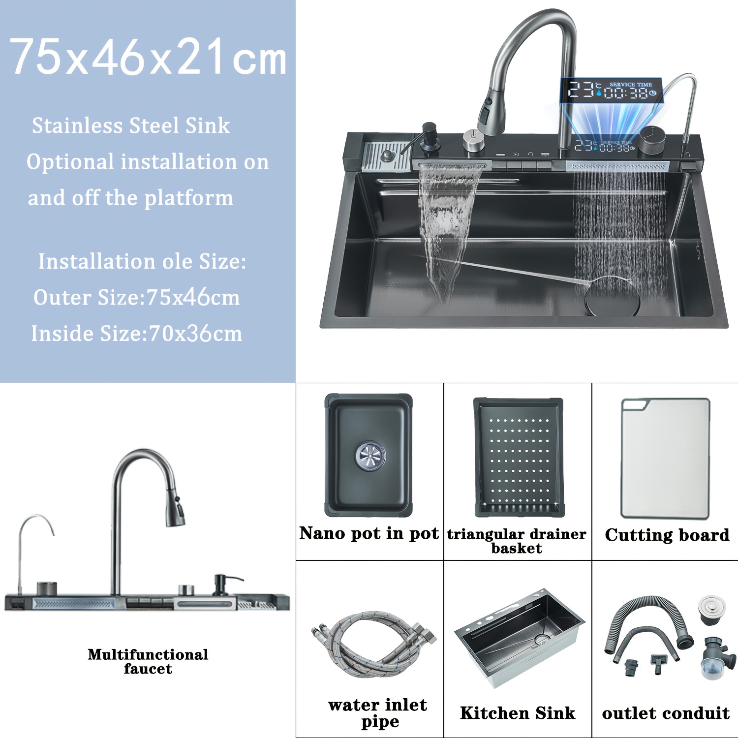 Image of Kitchen Sink, Single-bowl Kitchen Sink, Kitchen Faucet With Pull-down Spray, Nano-stainless Steel Sink, Gray/brushed Golden (60 X / 75 X 46 Cm)