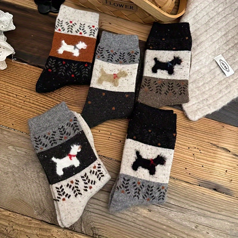 

5pcs Cute Cartoon Puppy Mid-calf Socks For Women - Cozy & Warm, Polyester , Fall/winter, Cute Socks