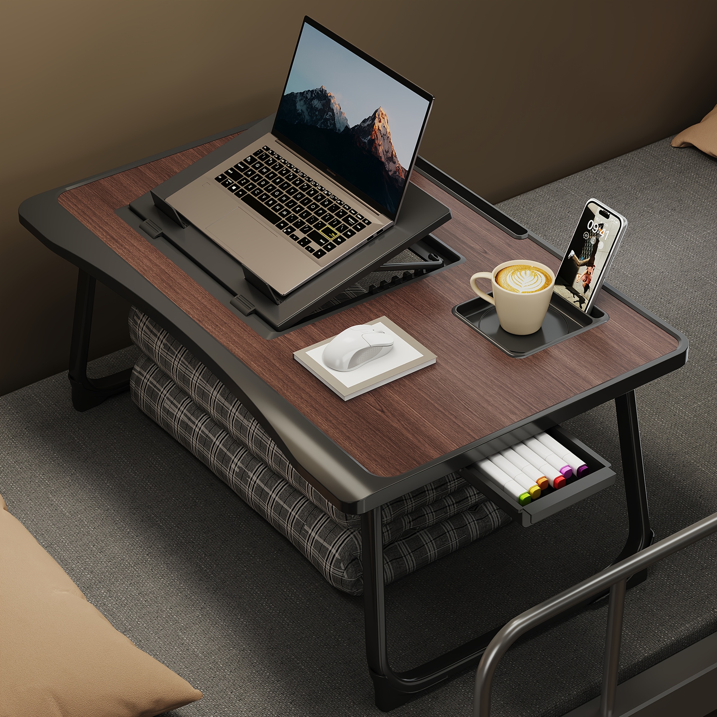Laptop Desk for Bed Or Couch, in Bed Desk, Home Office Desks, Breakfast Tray, Desk with Cup Holder, Watching Movies in Bed, Laptop Stand for Bed, Phone Holder And Drawer, Fordable Legs Desk