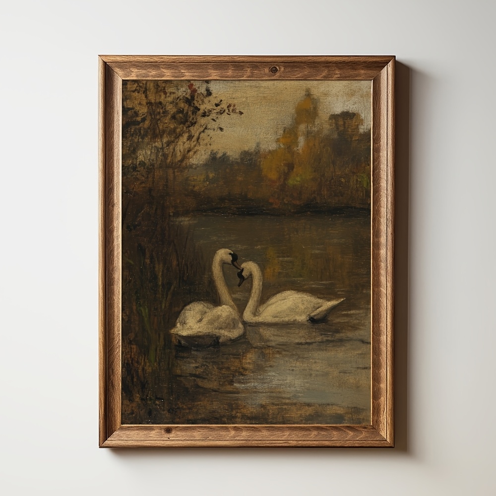 2d flat 2d flat 2d flat 1pc unframed vintage couples swan rustic canvas poster valentine   wall art print minimalist   dark farmhouse decor retro painting for apartment living room bedroom   decoration