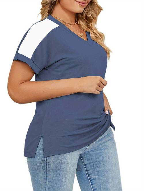 womens plus size v neck color block short sleeve t shirt side detail breathable summer casual top relaxed fit solid color blouse casual attire smooth texture fabric