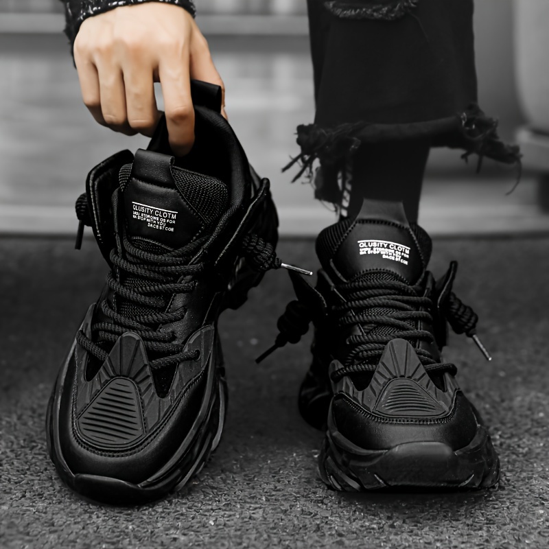 

Men's Trendy Solid High Top Chunky Shoes, Comfy Non Slip Shock Absorption Lace Up Sneakers For Men's Outdoor Activities