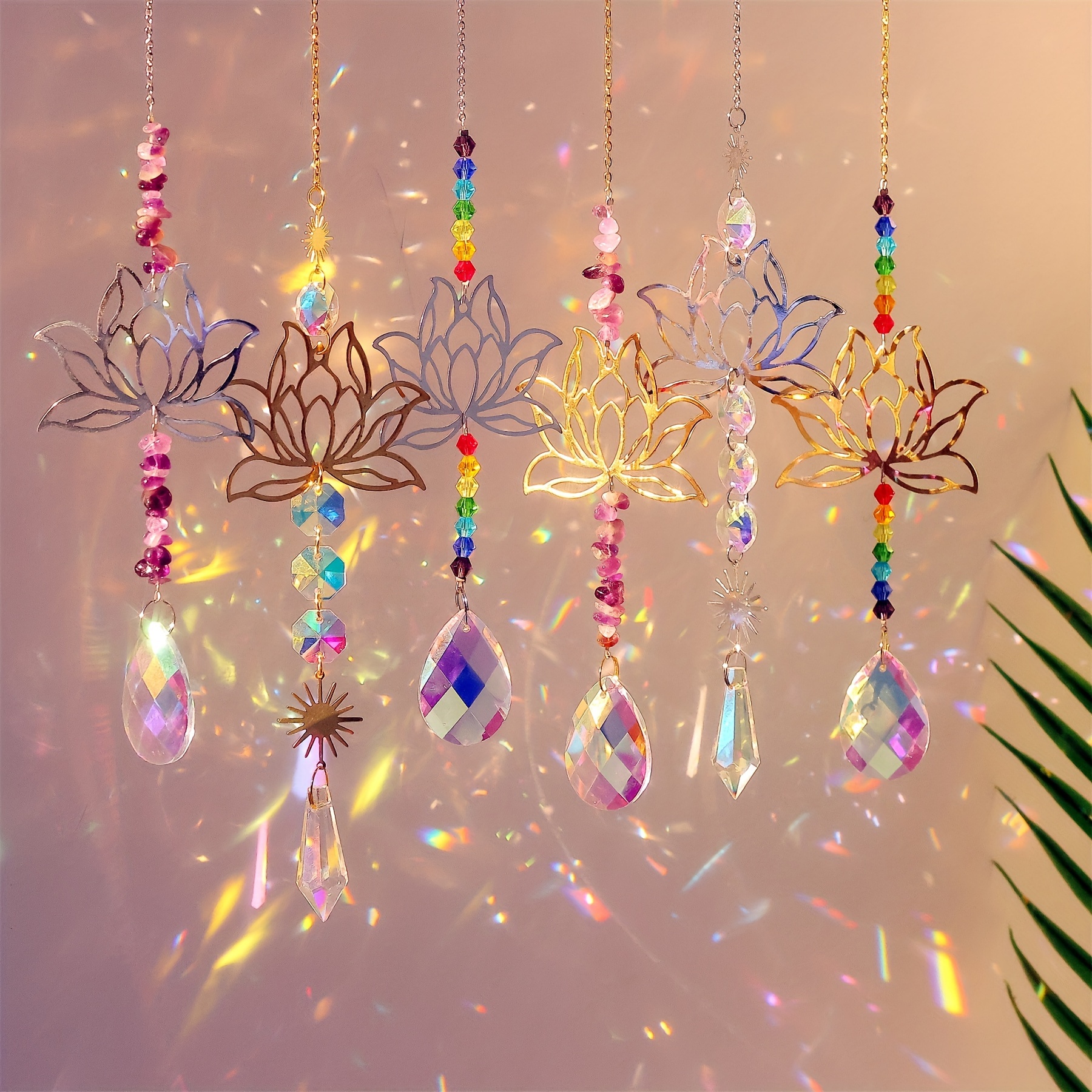 

6pcs Lotus Flower Crystal Suncatchers For Wedding, Glass Ceiling Hanging Decorations With Chakra Beads, Multicolor Prism Light Catcher For Home Window Display