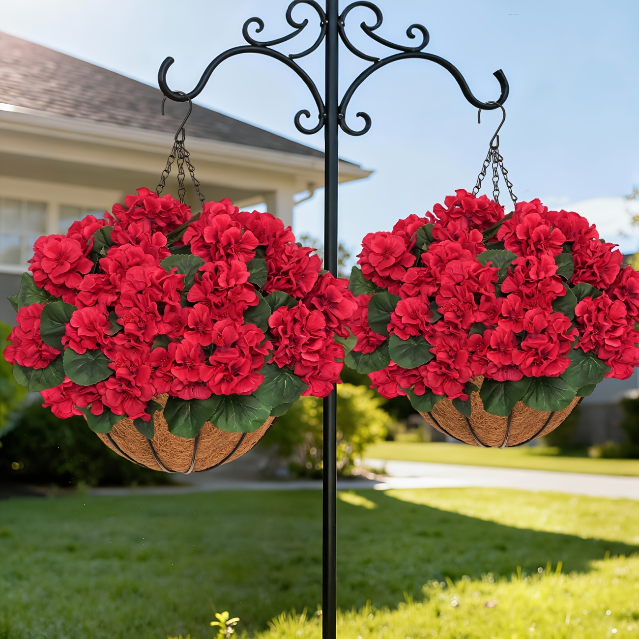 2 Sets Artificial Red Geranium Flowers with Hanging Baskets and Planters, 12pcs Each for Garden and Home Decor
