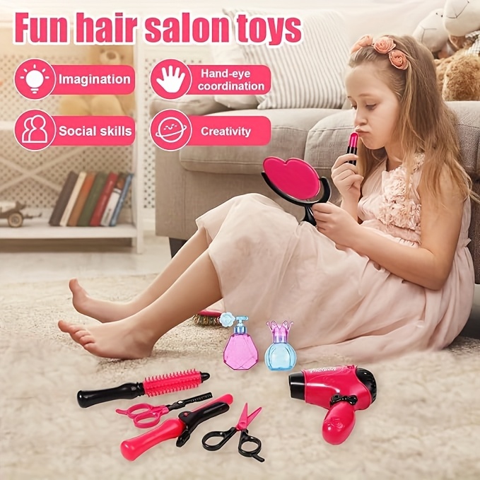 17 buc. set de coafat pentru fete cu accesorii și șorț - oglindă din pvc, foarfece, culori mixte, fără posibilitate de reîncărcare, fără baterii