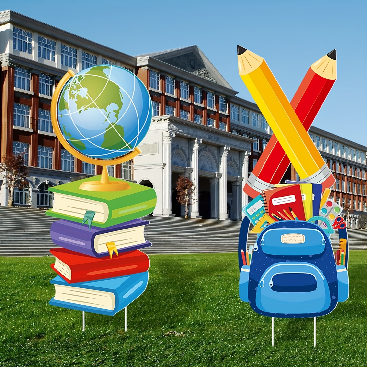 Back-to-School Season Yard Signs - Vibrant Educational Decor with Books, Pencils, and Globe - Durable Plastic, Pole Mounted - Ideal for Outdoor Classroom and Garden Display, Classroom Decor