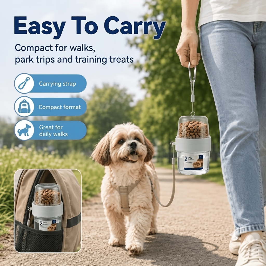 1  in 1 portable pet travel feeding cup double layer split design 150ml 150ml pet food water container with hand strap transparent treat storage compartment for cats small dogs puppies for daily walking park trips pet training snacks Product details 3