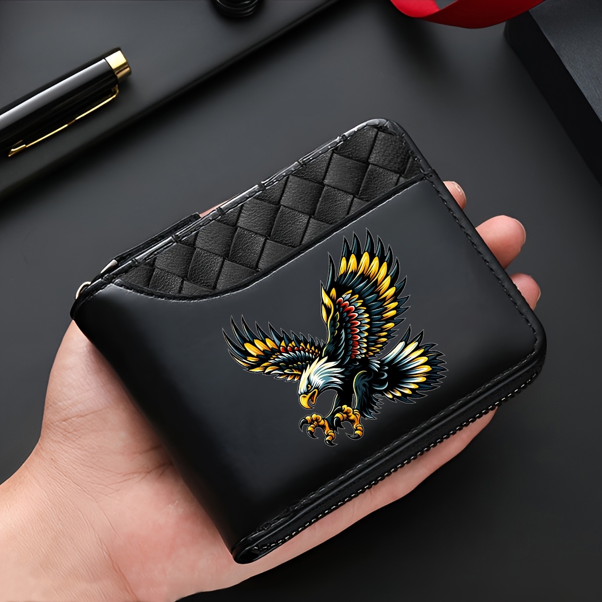 TEMU Eagle Print Men's Bifold Wallet, Fashionable And Lightweight Card Case, Can Hold Cash, Id Card, Credit Cards, Convenient Double-fold Design,