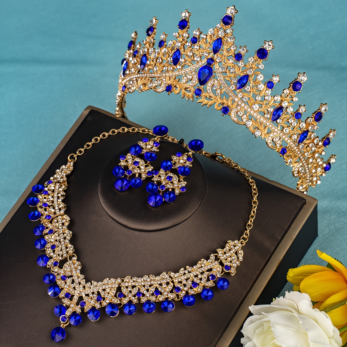 Elegant Rhinestone Crown Jewelry Set with Necklace and Earrings, Classic Zinc Alloy Bridal Tiara for Wedding, Party, Stage Performance, All-Season Accessory
