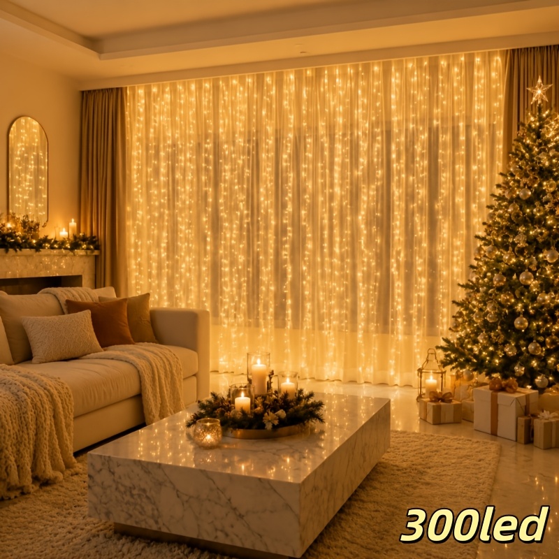 TEMU Cortina de luces de LED de 200/300, de baterías con 8 intermitentes, guirnalda de luces de interior para dormitorio, ventana, boda, y decoración