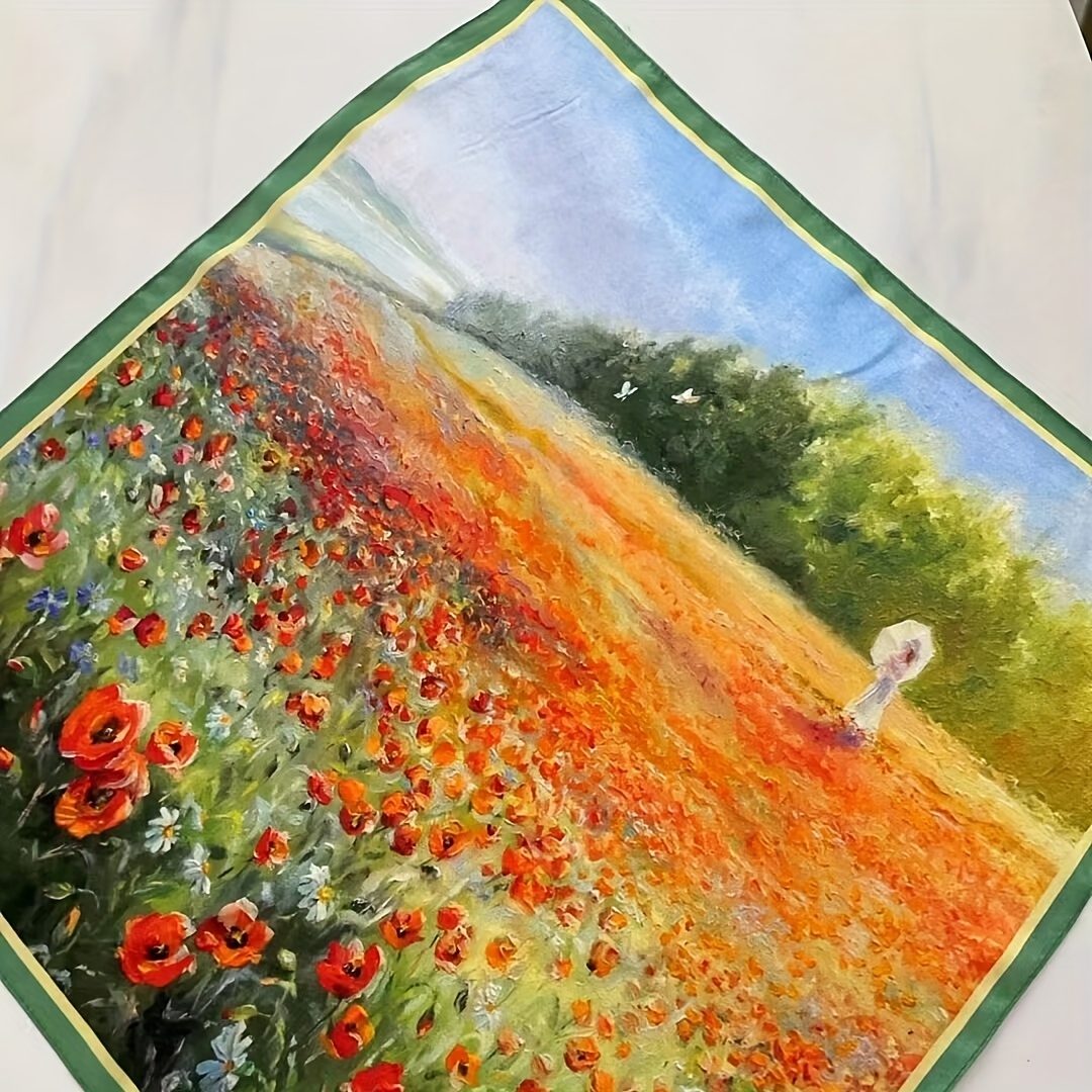 TEMU 100% - A Vibrant And Bright Oil Painting Style Printed Square Scarf, Breathable, Soft, And An Elegant Fashion Accessory, Perfect For Outdoor And