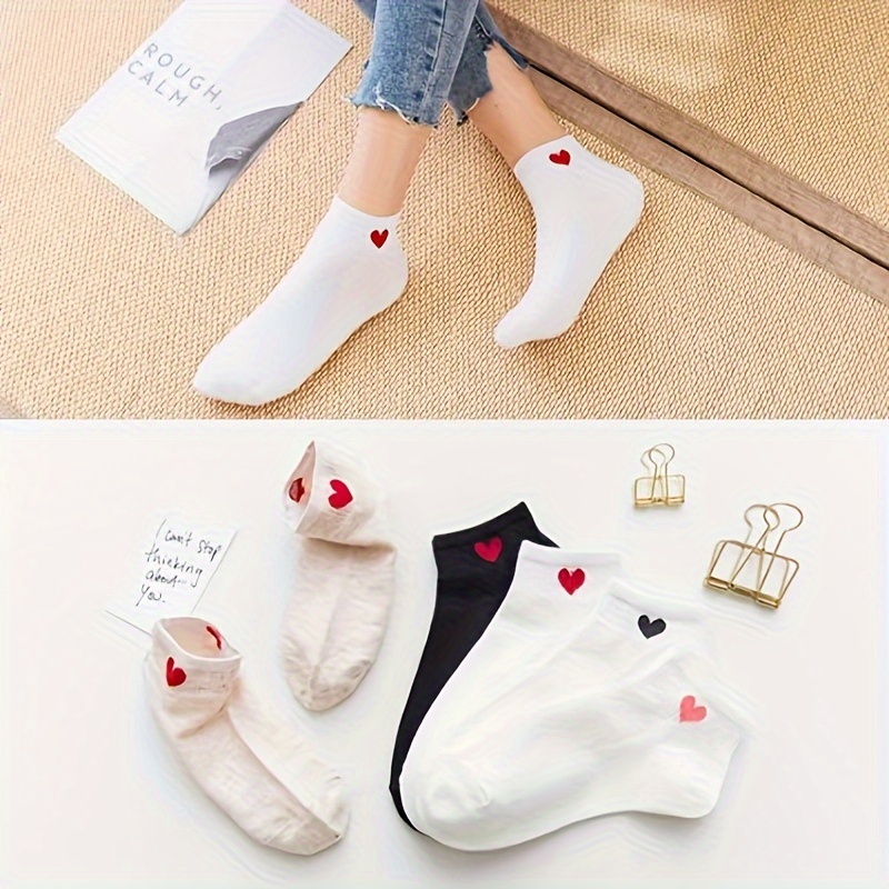 

5 Pairs Heart Print Socks, Cute College Style Short Socks, Women's Stockings & Hosiery