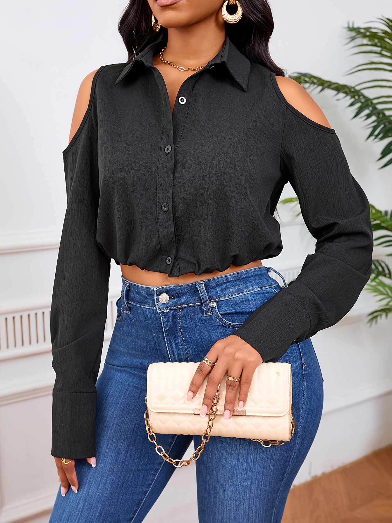 Blusa de un solo color con hombros descubiertos, elegante blusa de larga  con botones para y otoño, ropa de