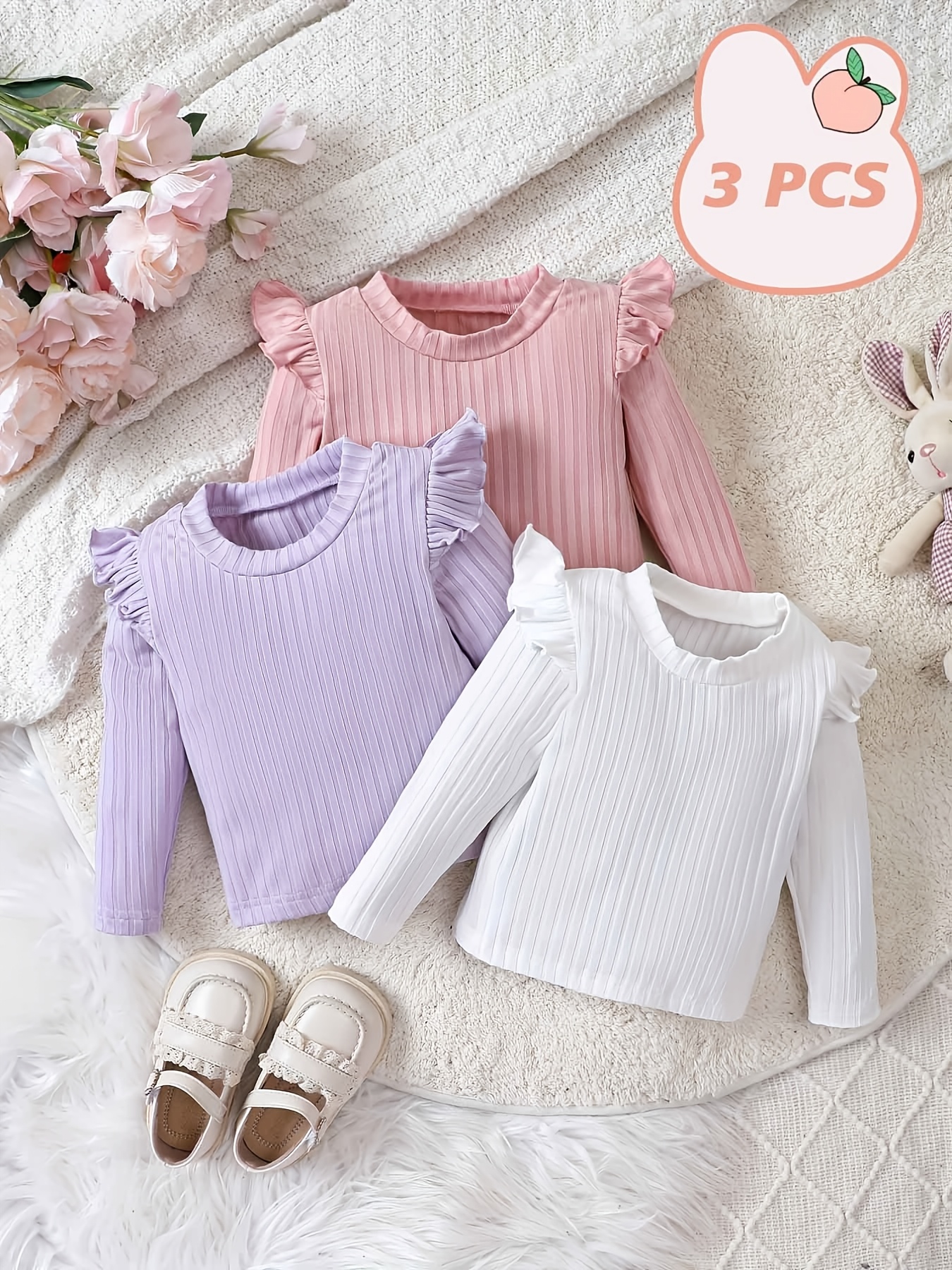 baby girls flying sleeve ribbed bottoming shirt long sleeve Temu