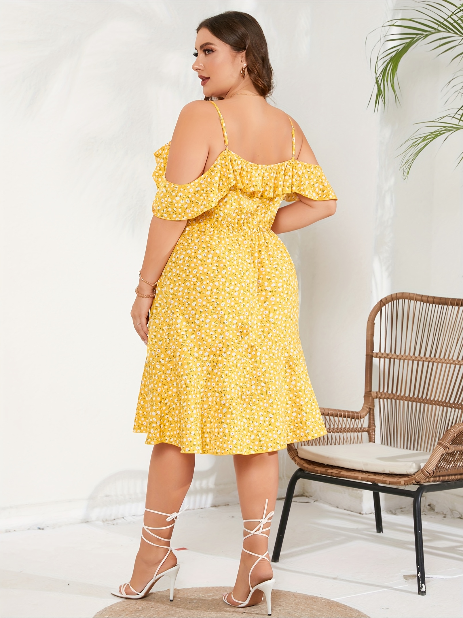 Plus Size Spaghetti Strap Off Shoulder Dresses For Women V Neck Floral A  Line Flowy Casual Midi Summer Dress