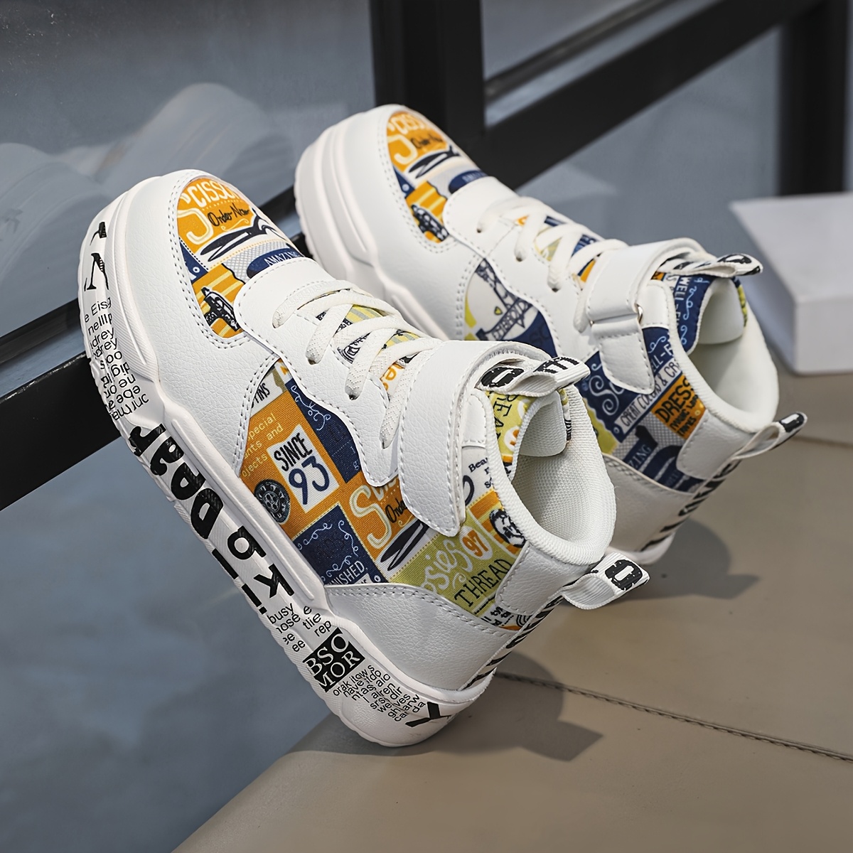 Youngsters' Comfortable Mid-Top Sneakers with Closure, Colorful Random Print Design, Breathable PU/Fabric Upper & EVA Cushioned Sole - All-Season Casual Shoes for Boys & Girls, School, Outdoor Play & Daily Activities, Kid Shoes, School Footwear, Stylish Stitching Details, Fabric Lined Interior