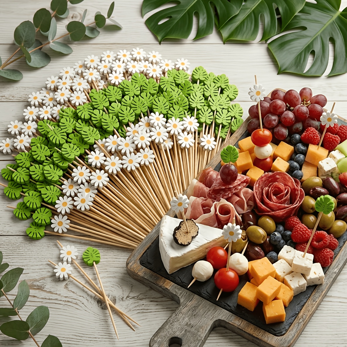 30pcs mixed bamboo cocktail picks daisy monstera leaf decorative fruit skewers disposable bamboo toothpicks for appetizer party wedding