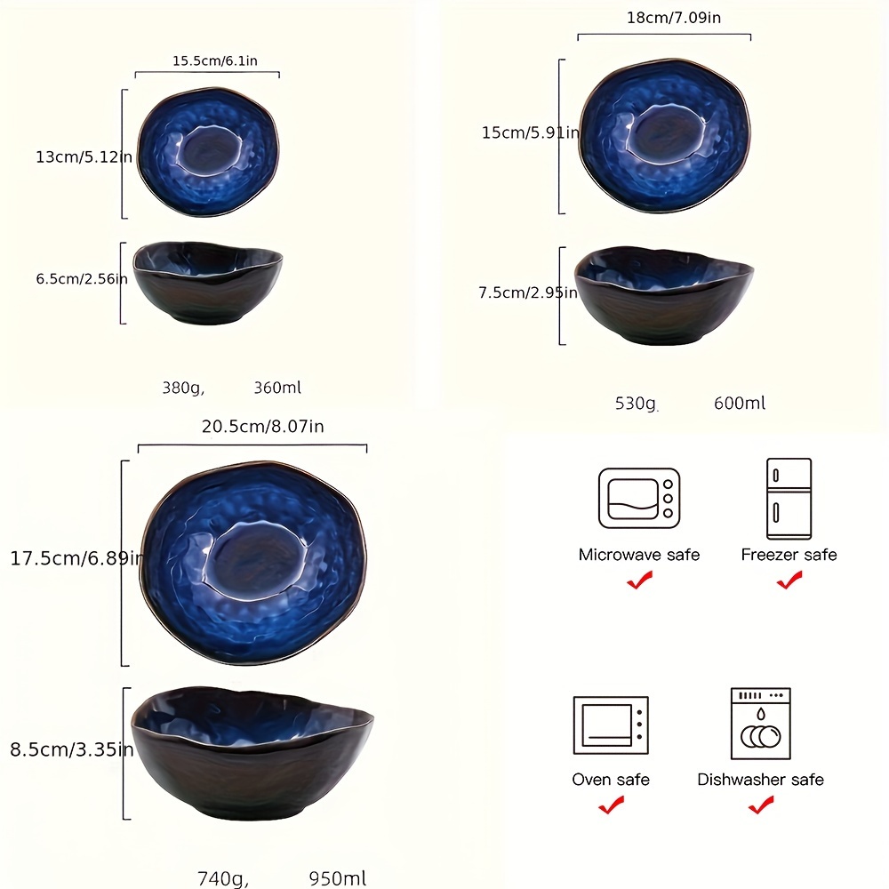 3pcs/ Set Salad Bowl Ceramic Blue Mixing Rice Soup Noodle Bowl