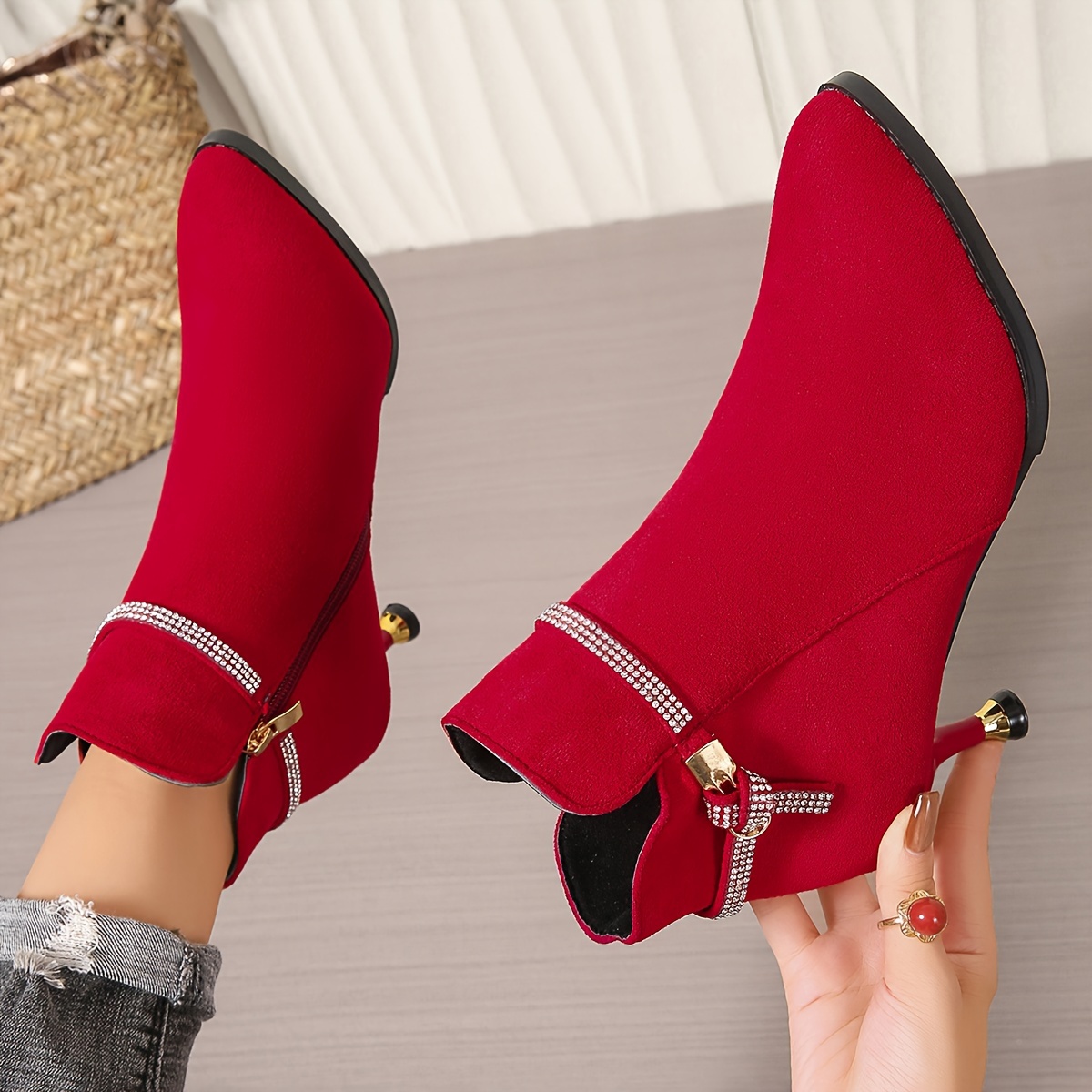 Women's Rhinestone Decor Stiletto Heeled Boots, Fashion Point Toe Dress Boots, Comfortable Side Zipper Boots