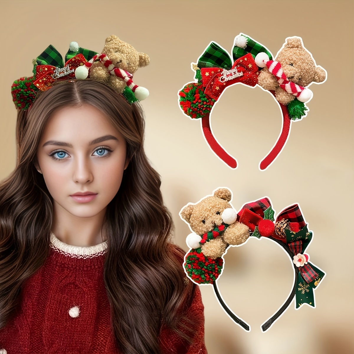 

1pc/2pcs Festive Christmas Plush Teddy Bear Headband For Women, Cute Polyester Accessory With Bow Detail, Non-feathered, Print, Party Headwear