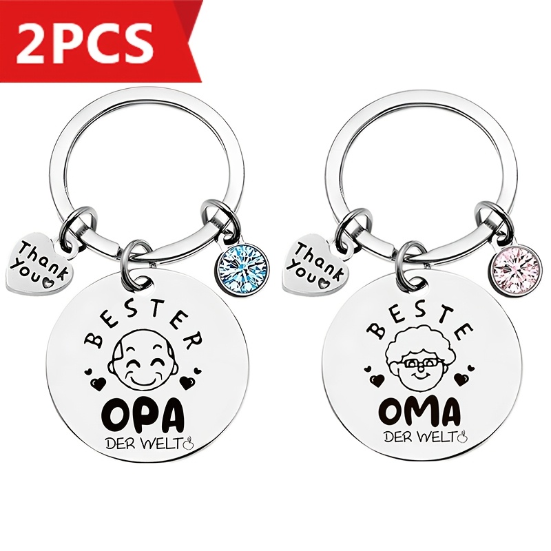 Image of Grandparents Couple Keychain Set With Heart Accessories - 2pcs Stainless Steel Couple Keychains (with Blue And Pink Rhinestone Accessories), Christmas And Grandparents' Day