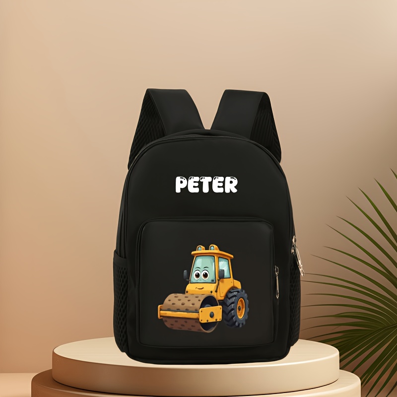 TEMU A Backpack That Customized With Names, Numbers, Dates, And Other Text. Portable And Simple, With Multiple Pockets, Featuring Excavator And Car