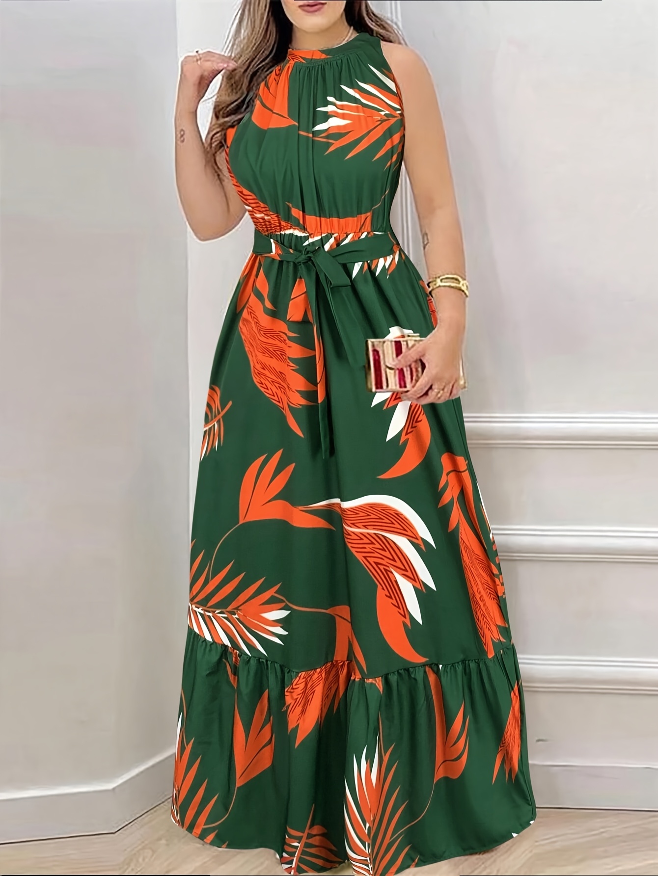 * Women's Casual Tropical Print Maxi Dress, Seaside Vacation Beach Dress,  Sleeveless Flared Long Dress