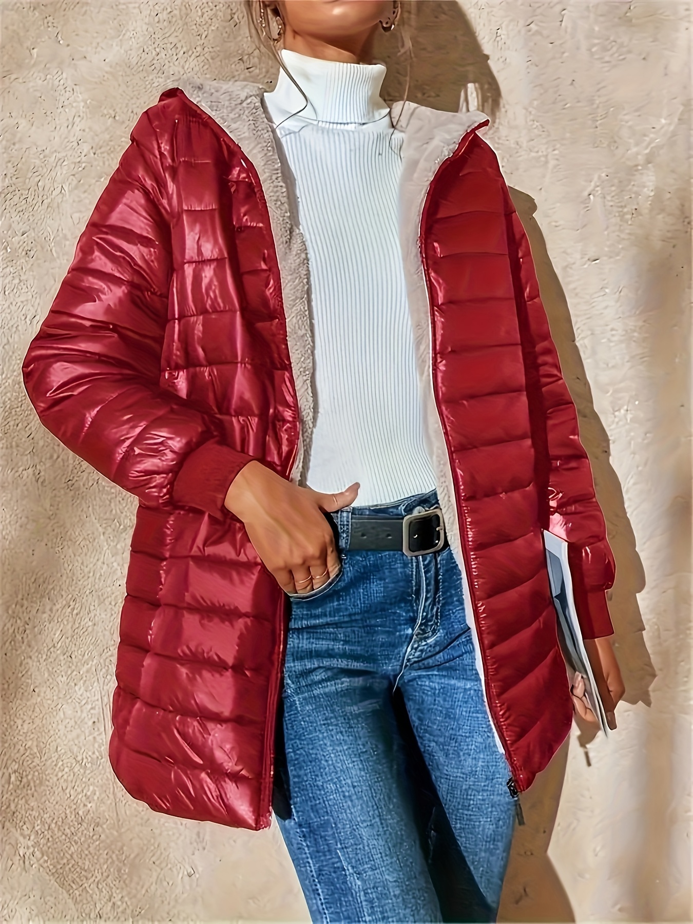 Abrigo midi con forro polar para mujer, estilo casual holgado, mangas largas, color rojo, con bolsillos, 100% poliéster, lavable a máquina
