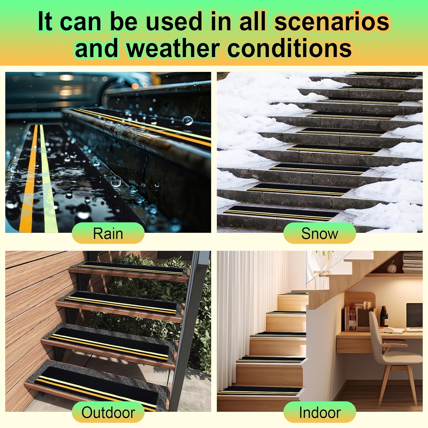Double Reflective Tapes Outdoor Stair Tread Non-Slip, with Reflective And Glow-In-Dark Strips, Non-Slip Stair Tread High-Traction Tape, Suitable for Wooden Steps Ramps Deck Boat, Black