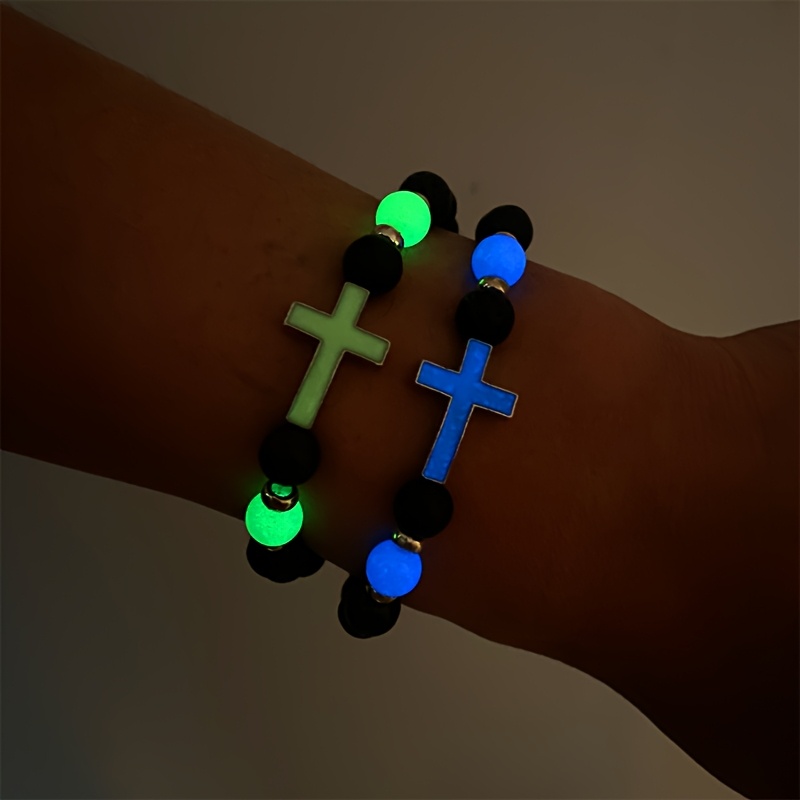 Image of 2pcs Of Vintage Luminous Stone Bracelet With Luminous Cross Beads,perfect Jewelry Gift For On Mother's Day